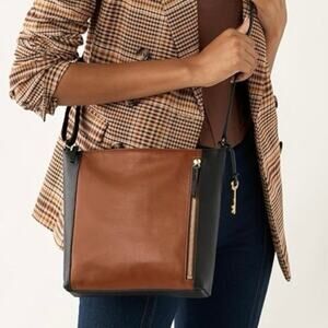 Fossil Black Brown Colorblock Leather Adjustable Crossbody Strap Slim Bag